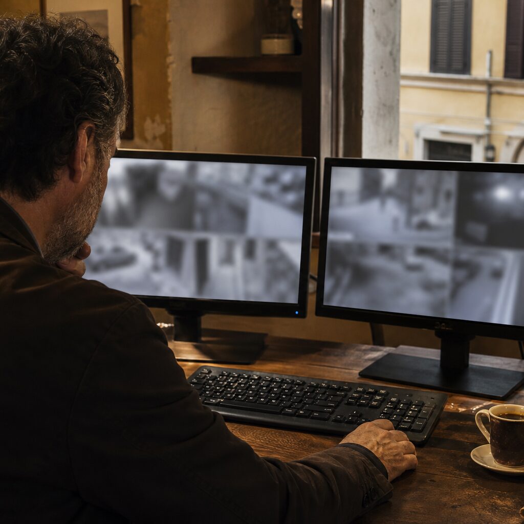 Composizione quadrata attorno a due monitor in bianco e nero