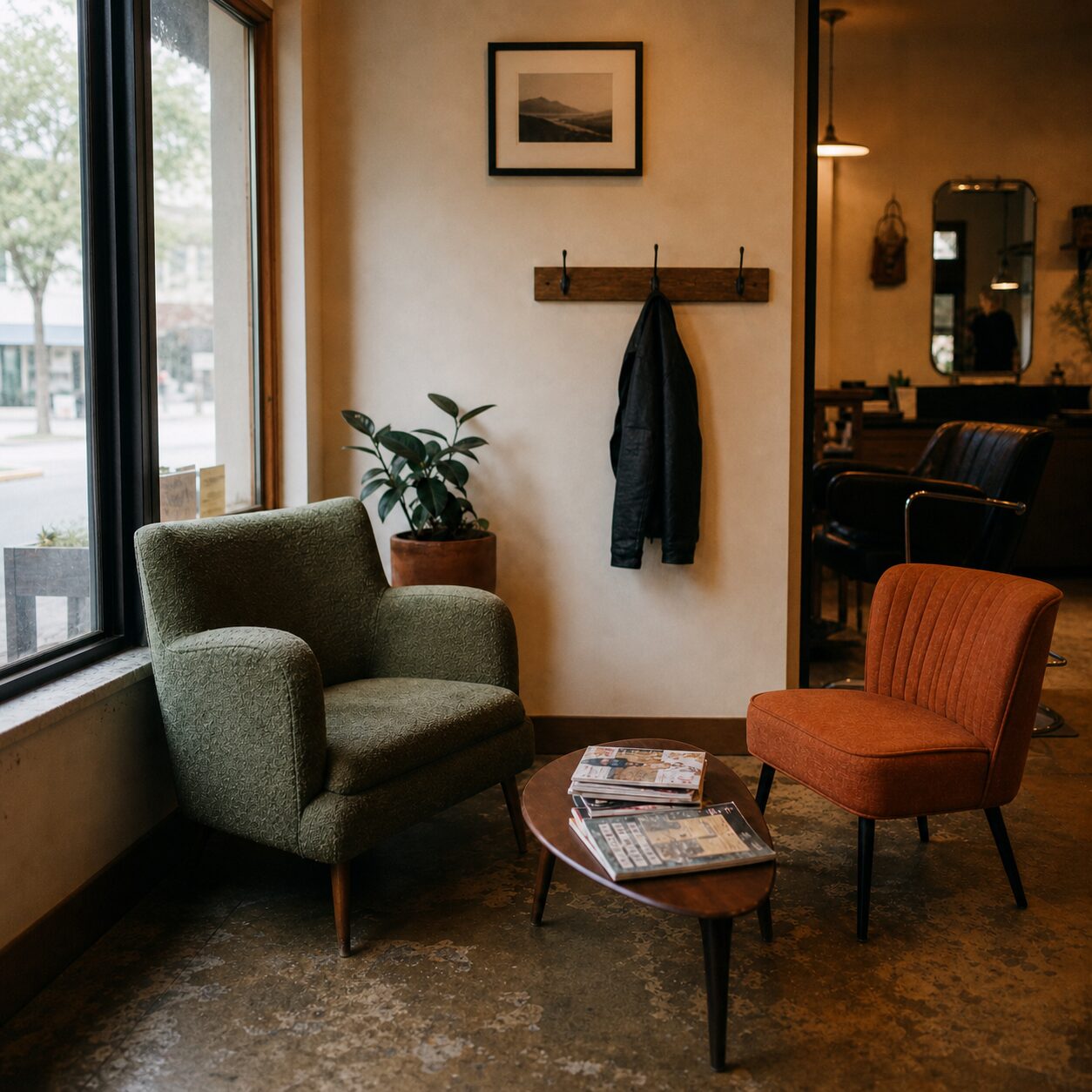 Dois lugares e mesa de revistas sob painel na parede