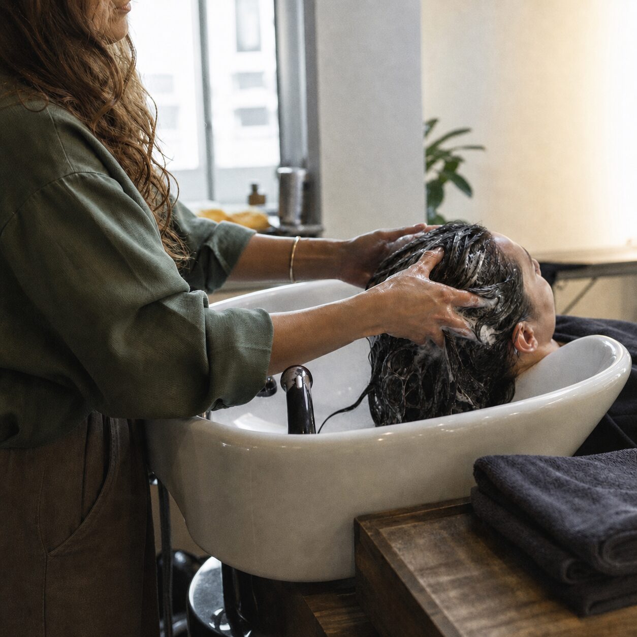 Massage van ingezeept haar in de witte salonwasbak