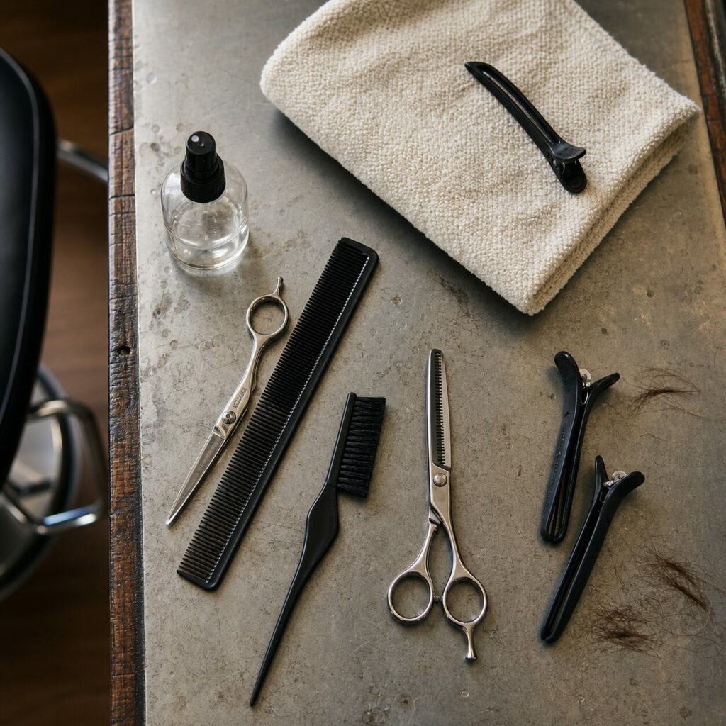 Square arrangement of tools around a black brush