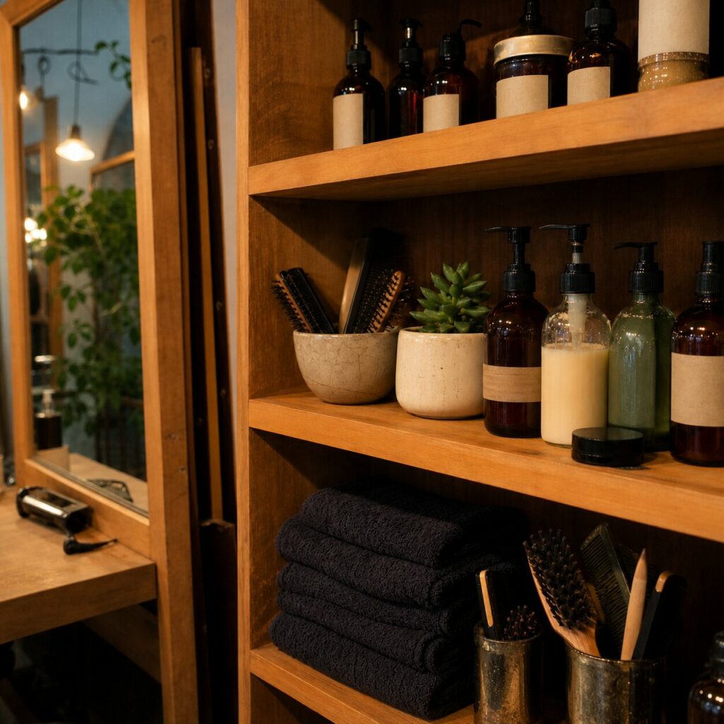 Dans le salon, des pompes ambrées entourent une plante et des serviettes