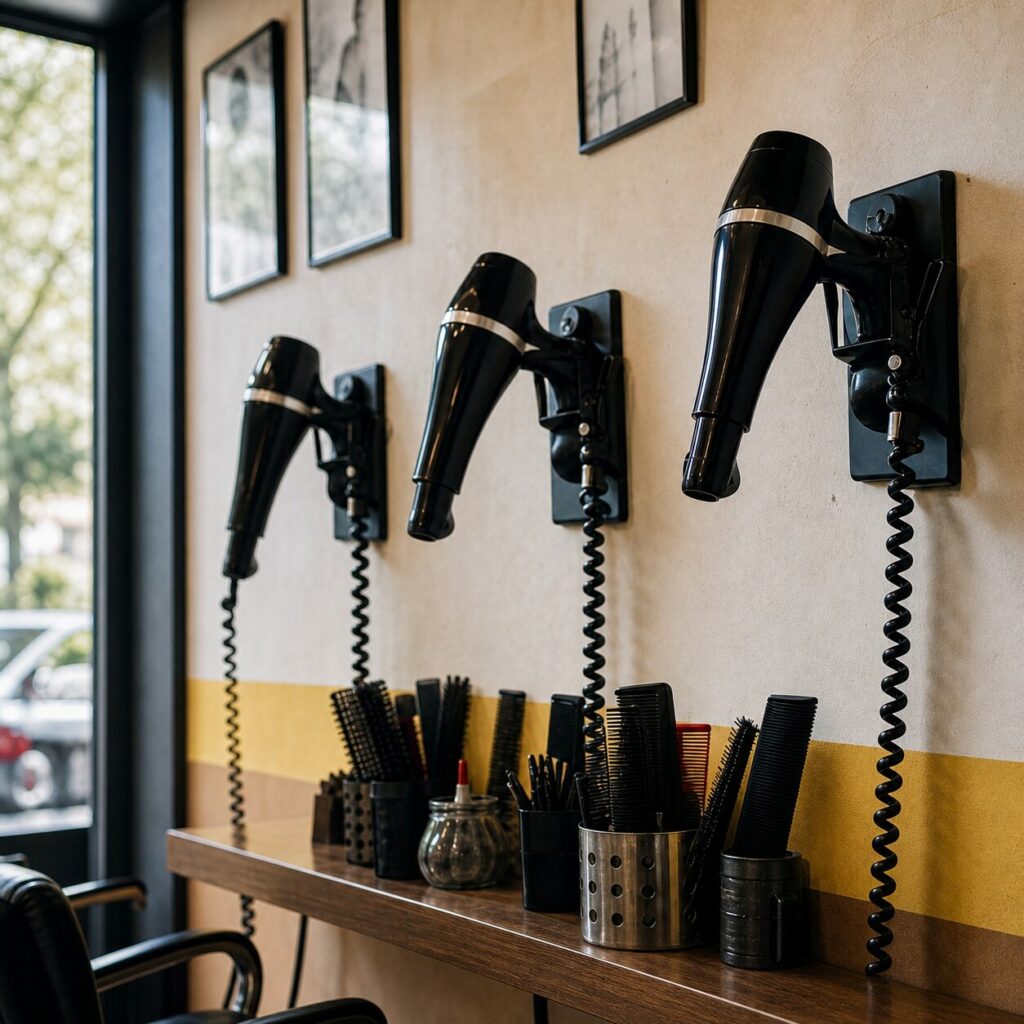 Appareils noirs et pots de peignes sur tablette de coiffure