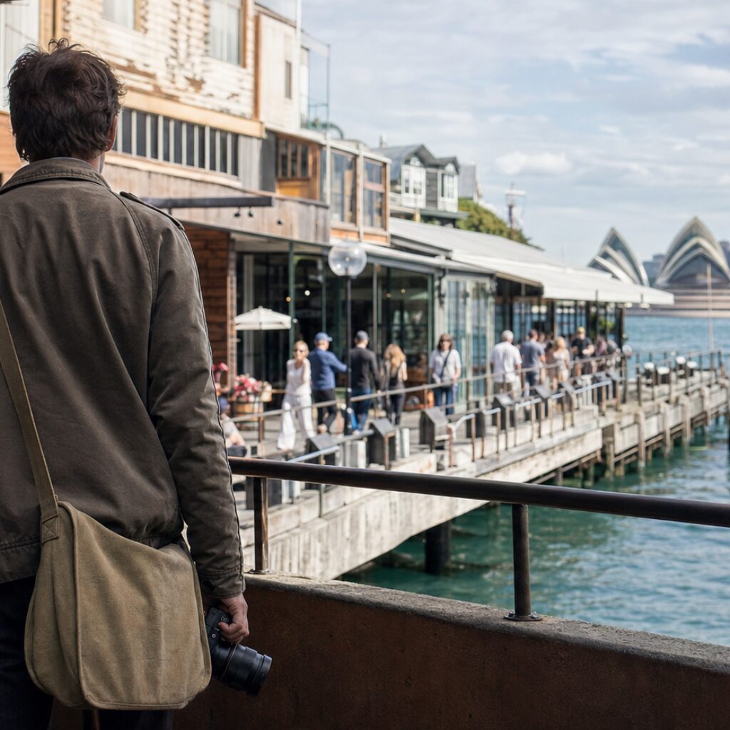 Square composition of figure, pier and blue water