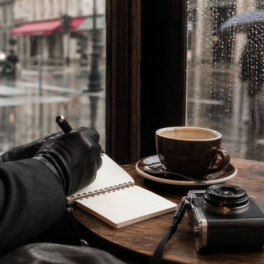 Composition carrée autour du stylo, de la tasse et de la caméra