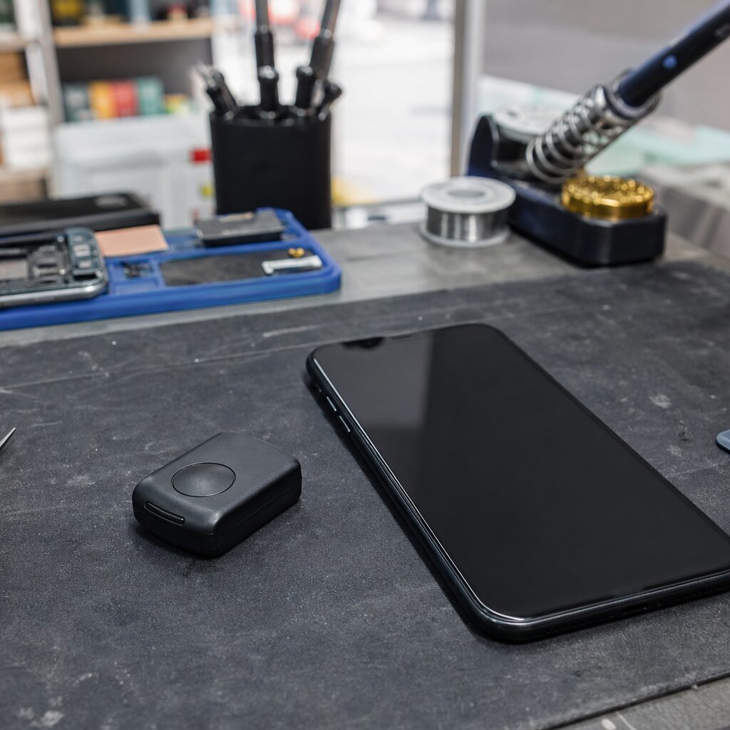 Vierkante compositie met telefoon en zwart kastje