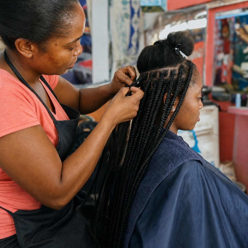 Composition carrée autour des mains et des tresses
