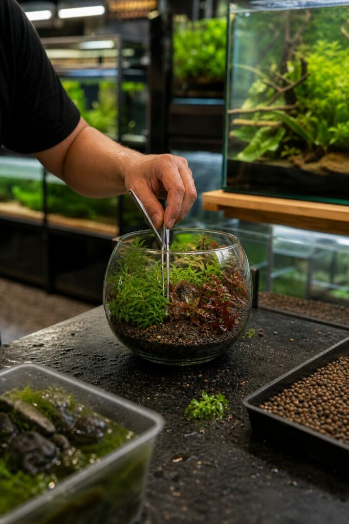 Schikking van waterplanten in een glazen kom