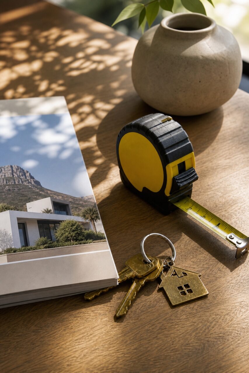 Vertical arrangement of keys, tape measure and house brochure