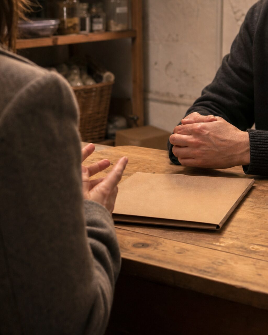 Composition verticale avec mains, table et dossier brun
