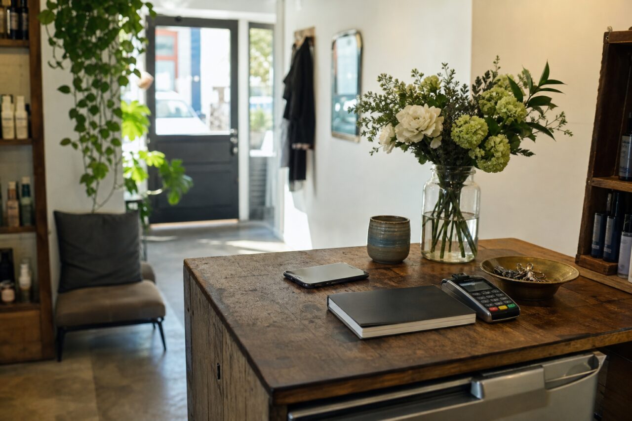 Flowered wooden reception counter with salon payment terminal