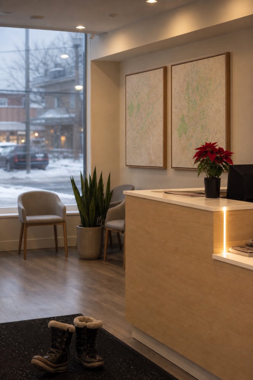 Banco di accoglienza immobiliare a Toronto con stella di Natale e stivali