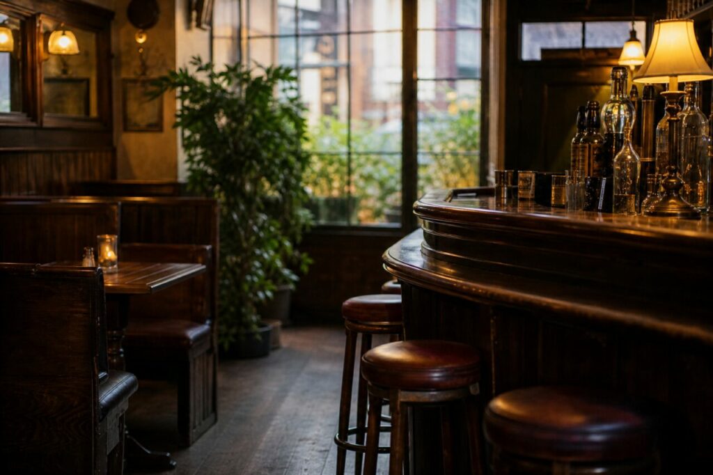 Rounded bar counter with bottles and reddish stools