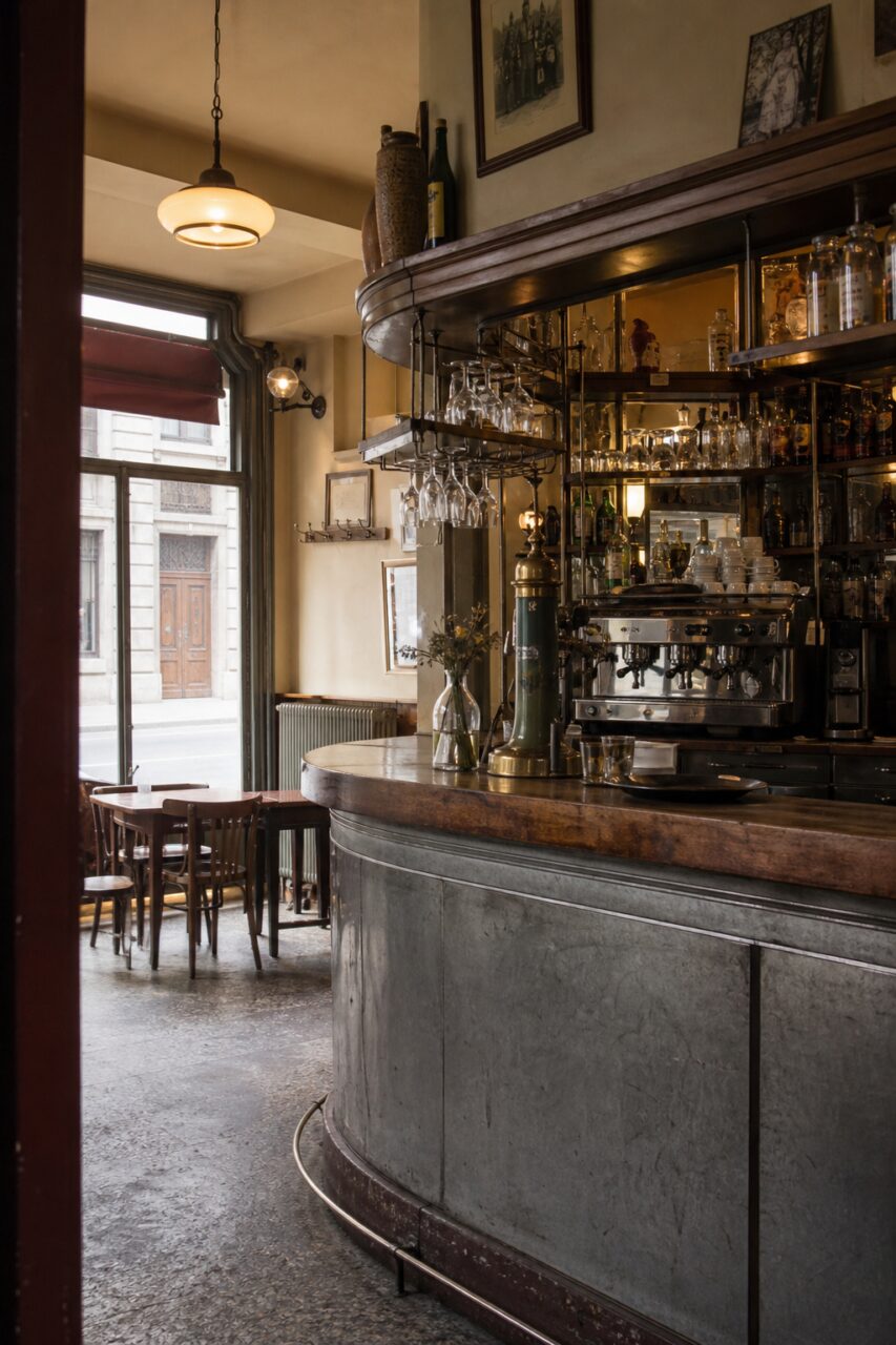 Comptoir arrondi et verrerie suspendue dans un bistrot