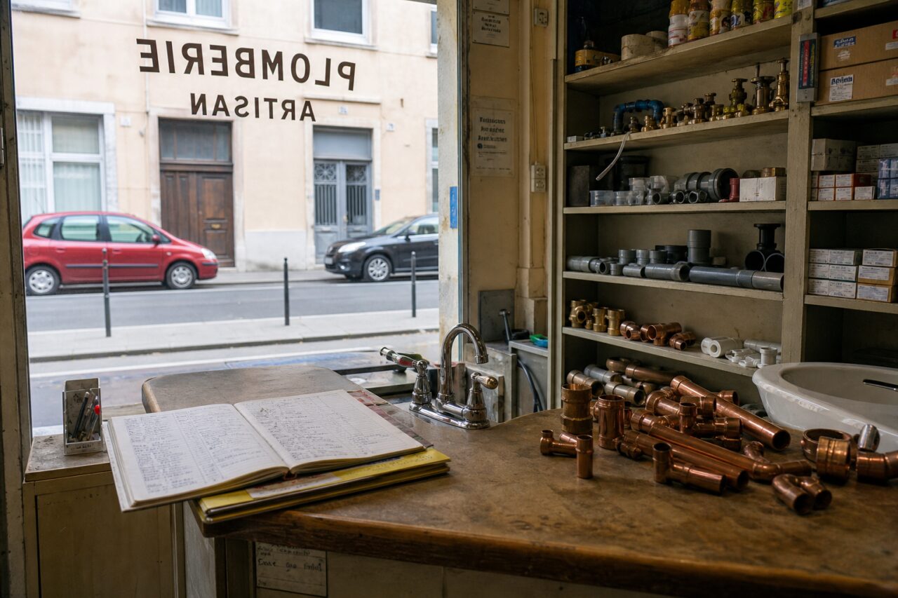 Comptoir d’un atelier de plomberie artisanale avec raccords en cuivre à Lyon