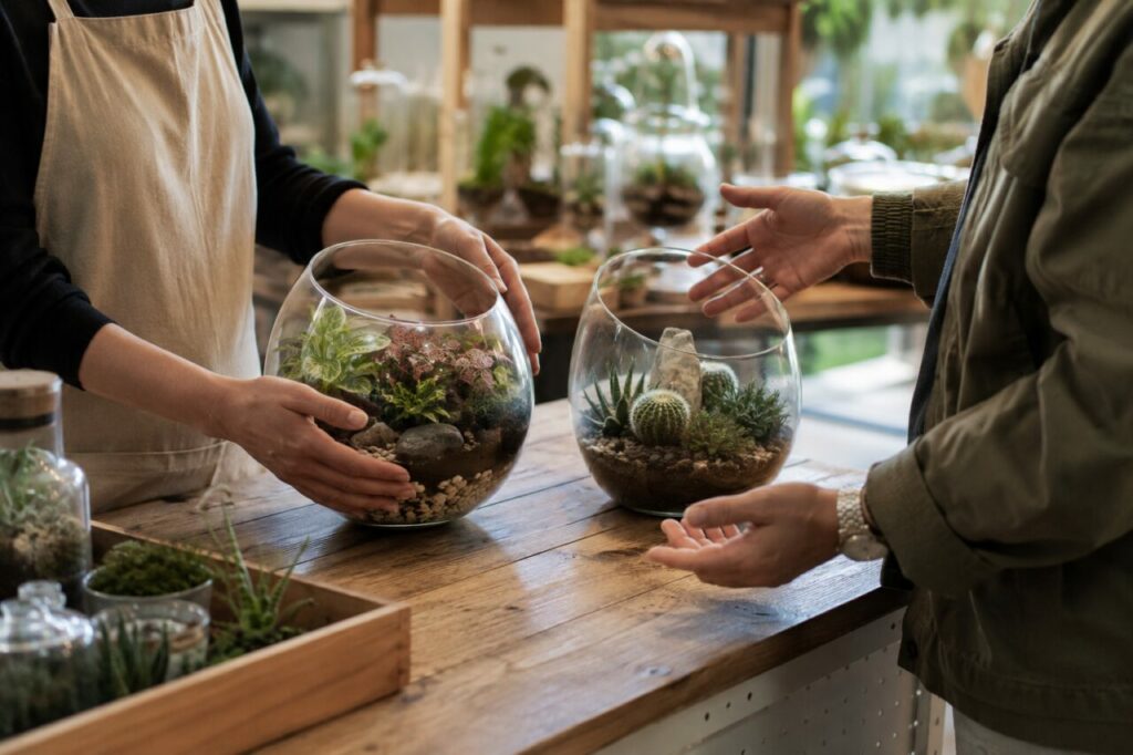 Tresen mit runden und hohen Terrarien, Kies und Pflanzen