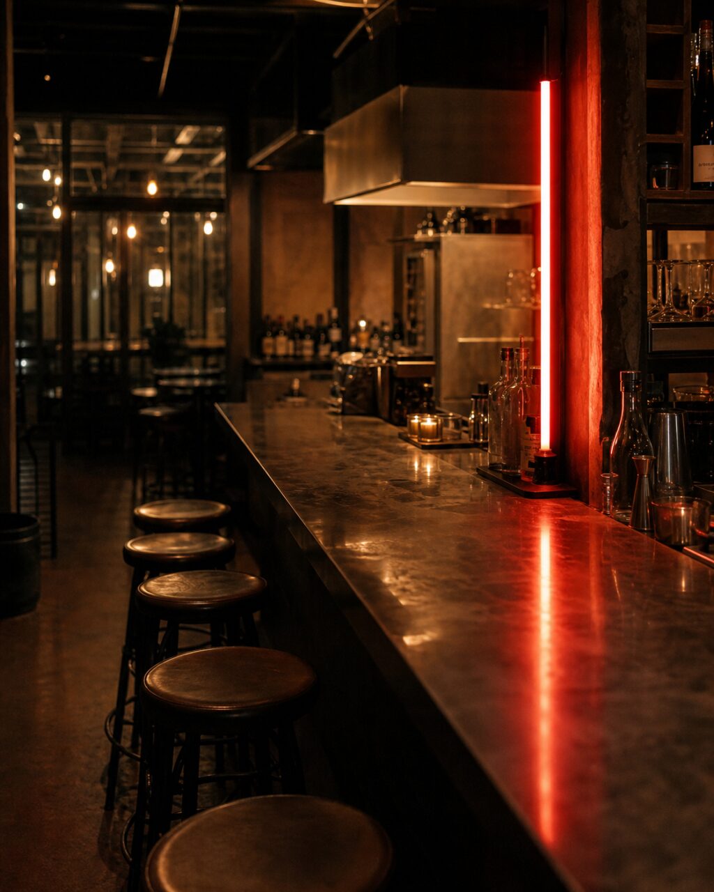 Vertical bar counter with red neon, stools and amber light