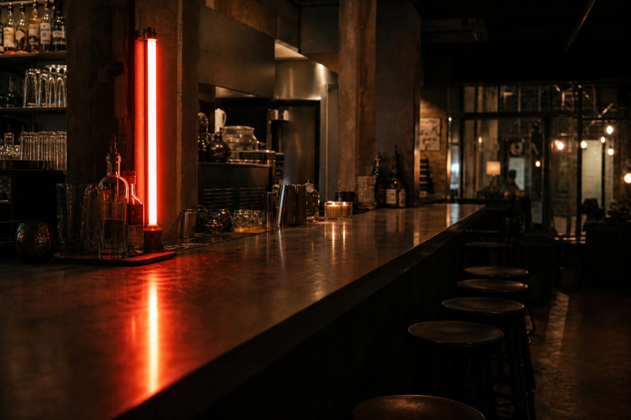 Angled bar counter with red neon, bottles and a line of stools