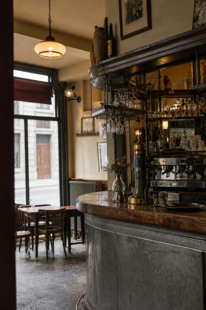 Bistrotheke unter einer runden Pendelleuchte
