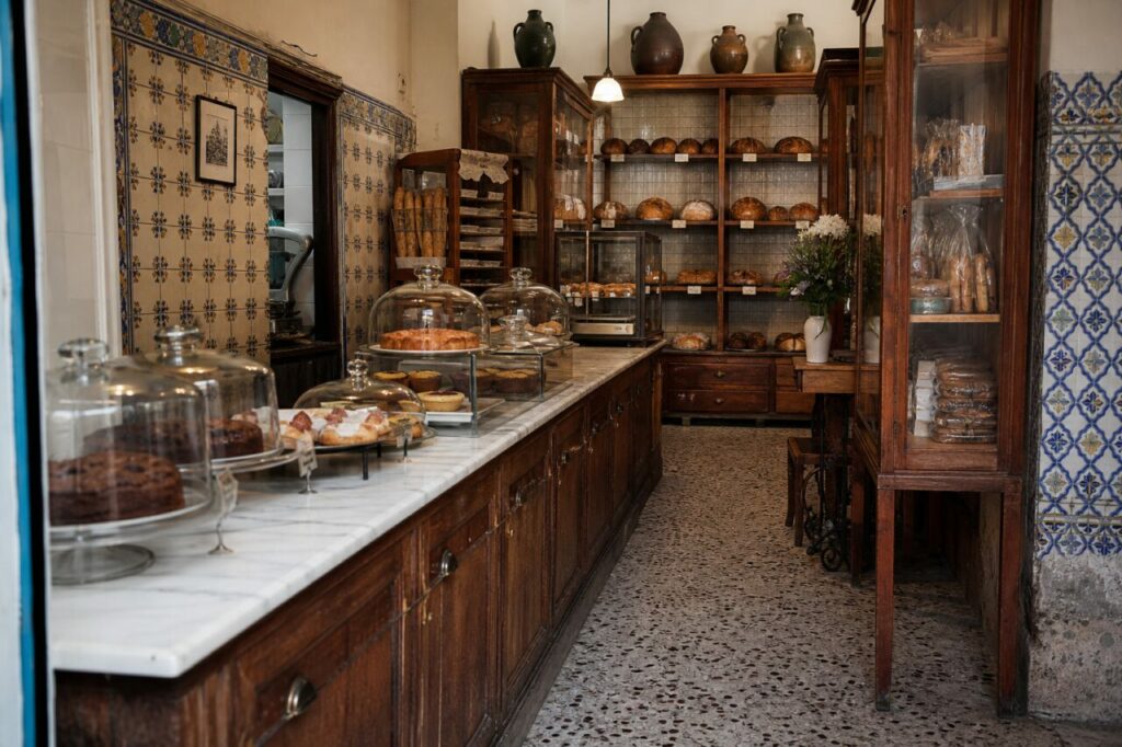 Comptoir en bois avec gâteaux sous cloches et murs carrelés