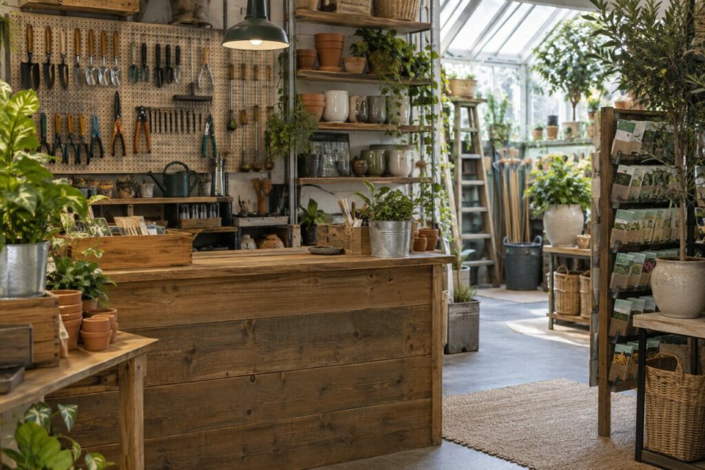 Comptoir en bois d’une quincaillerie-jardinerie sous une verrière lumineuse