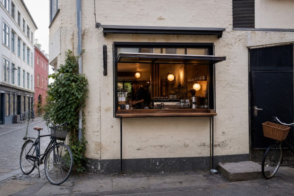 Open koffiebalie tussen twee fietsen