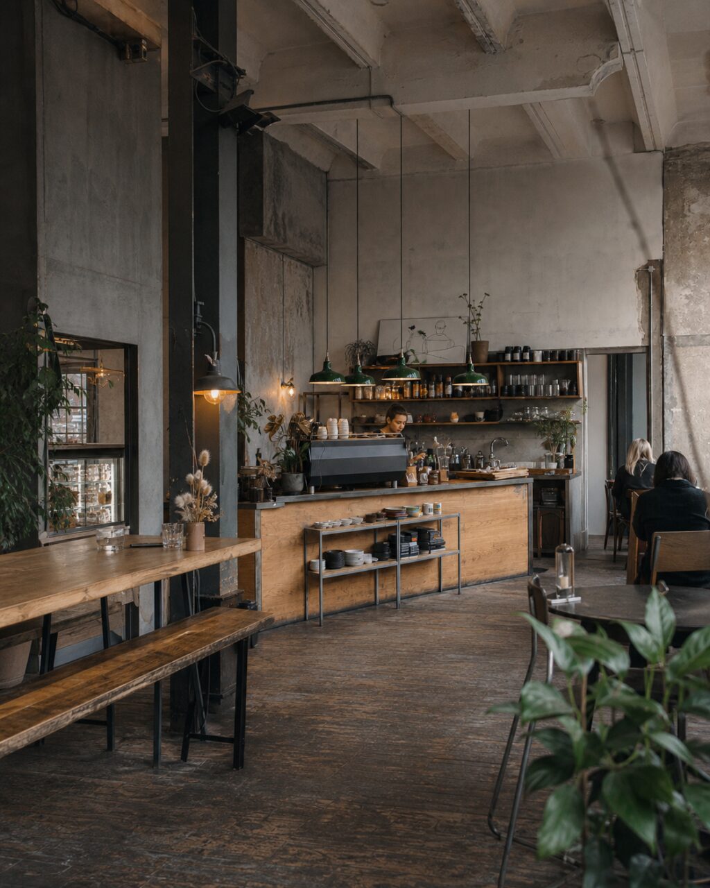 Barra de café enmarcada por vigas y plantas