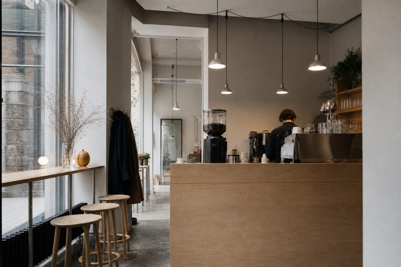 Cafétheke zwischen Fensterhockern und Pendelleuchten