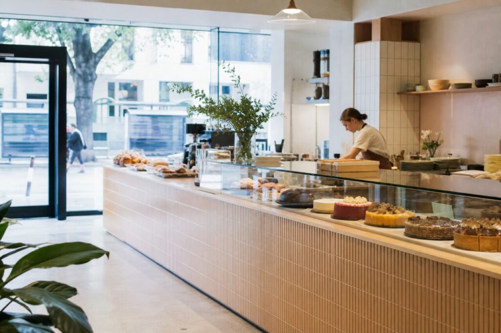 Long comptoir cannelé avec gâteaux, personne et vase de branches