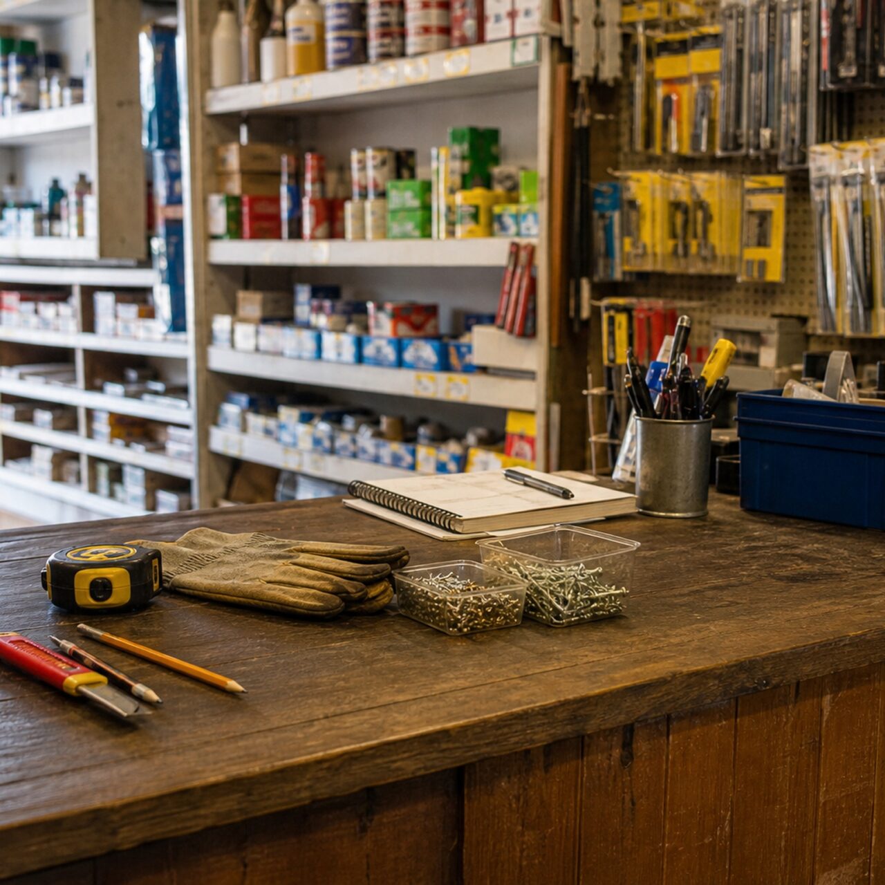 Square DIY store counter with tools, screws and hardware shelves