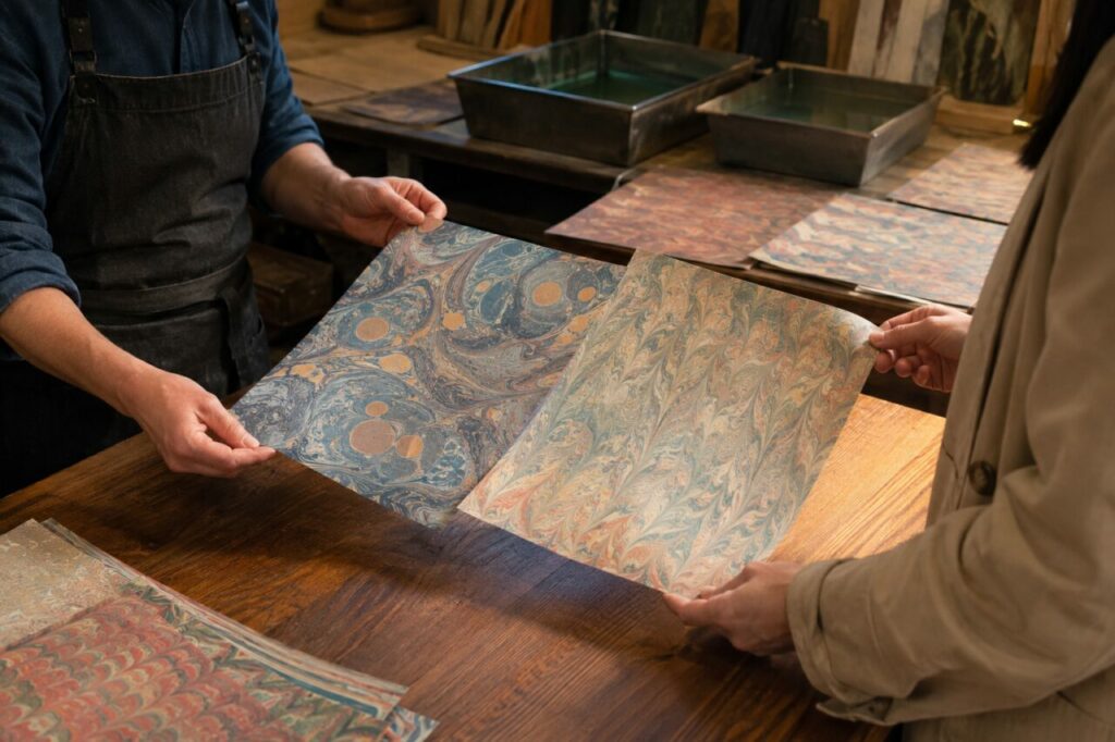 Comptoir d’atelier avec deux feuilles marbrées rapprochées pour comparer leurs motifs