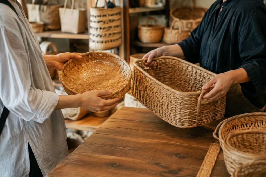 Comptoir de vannerie avec paniers ronds et rectangulaires côte à côte