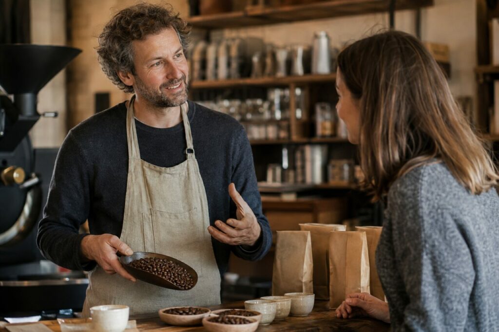 Comptoir du torréfacteur avec sacs de café, grains et machine visible près du client