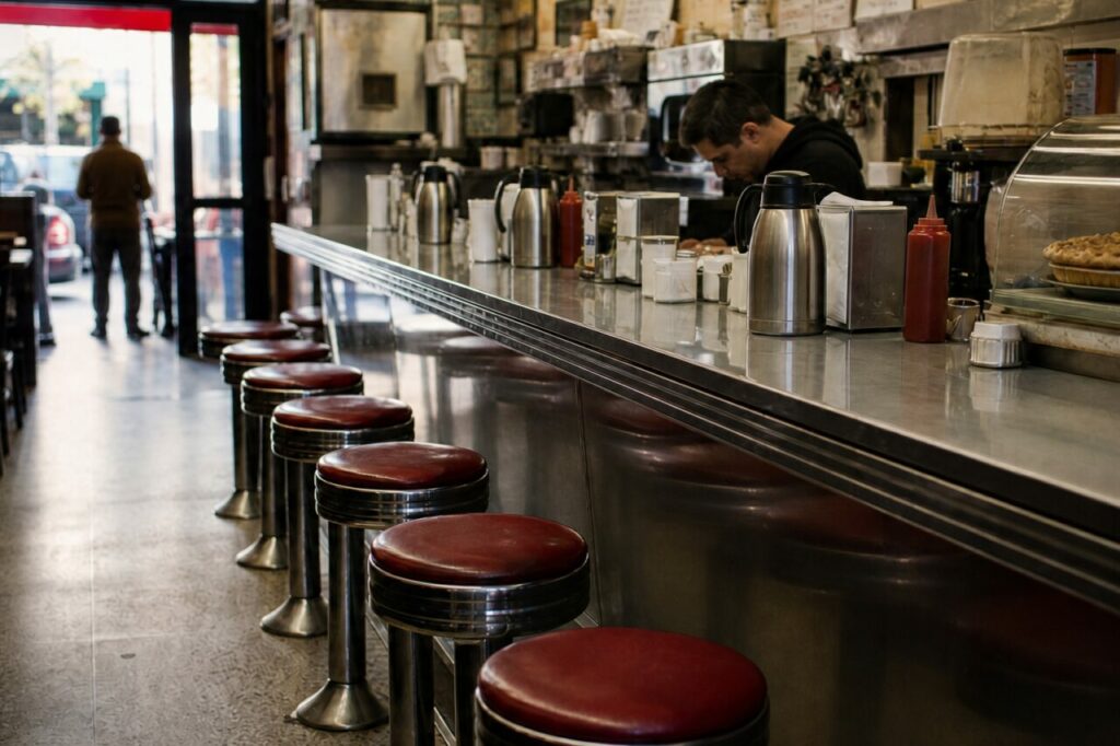 Close counter view with silver-toned jugs and red stools