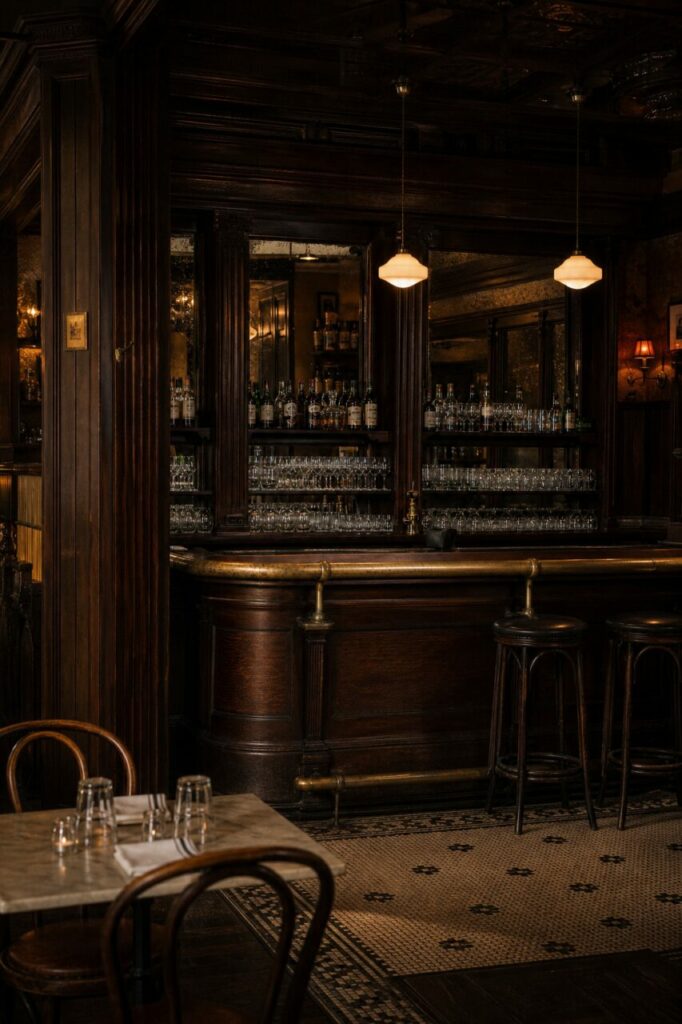 Vue large du comptoir, deux tabourets et sol en mosaïque