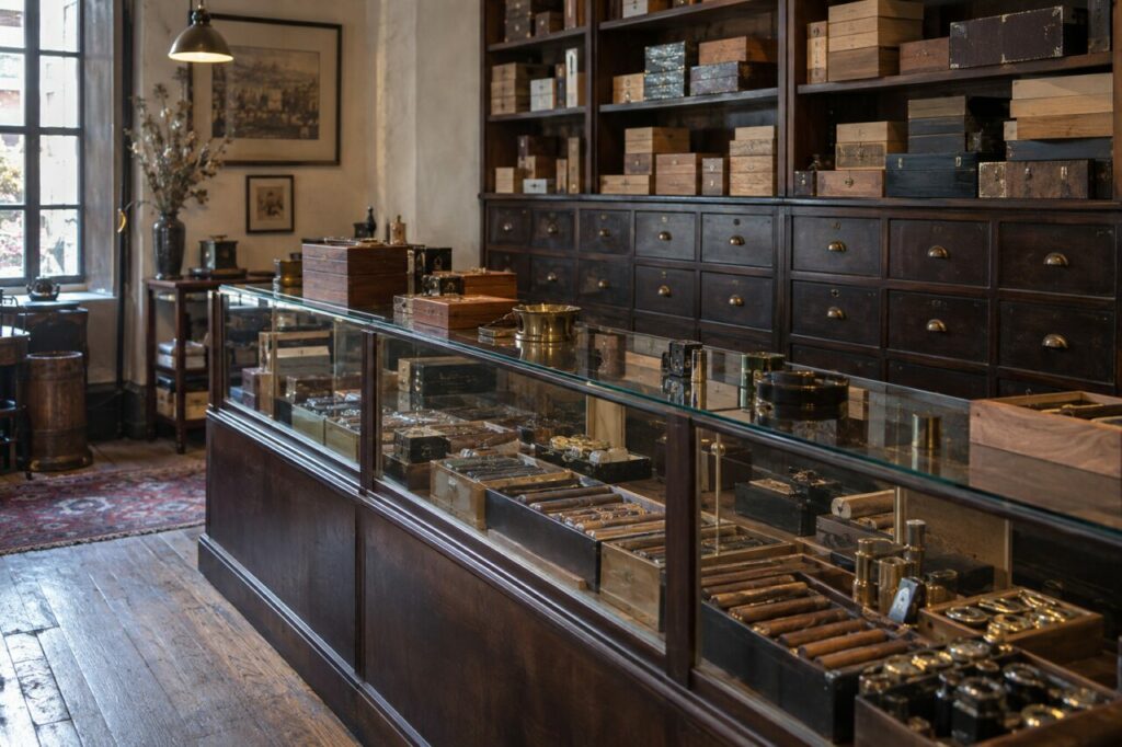 Comptoir vitré de bureau de tabac avec coupe-cigares et tiroirs en bois