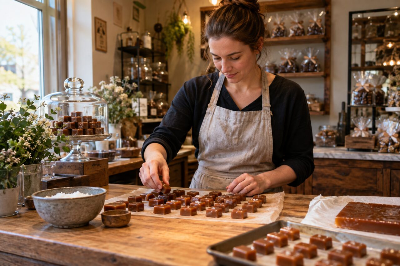 Unabhängige Süßwarenhandlung — arranging handmade caramels on a counter