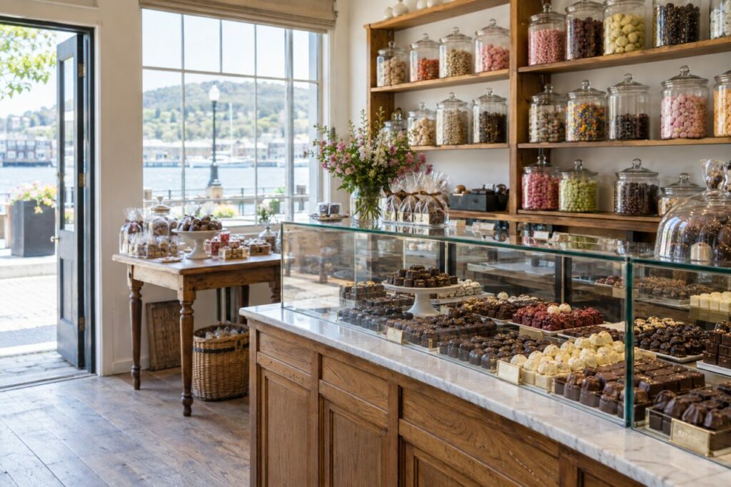 Confiserie indépendante — inside a bright independent confectionery shop