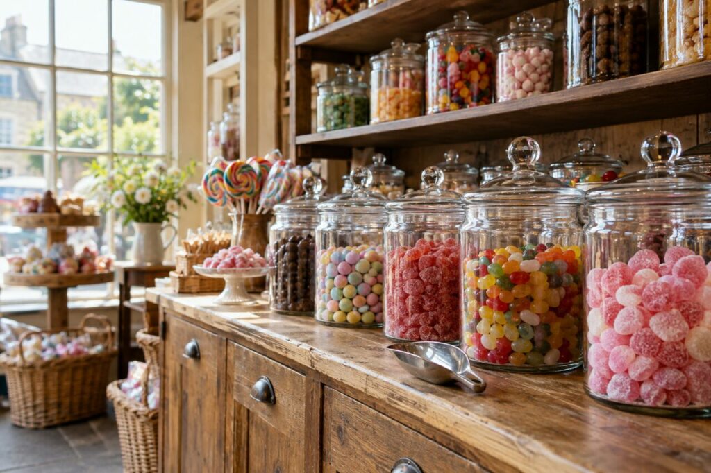 Independent confectionery shop — with glass jars of colorful candies