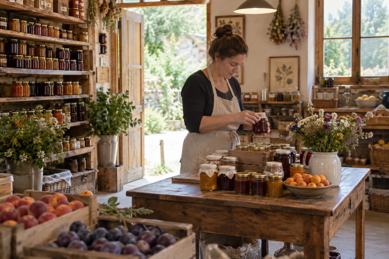Zelfstandige confituurwinkel — inside a warm independent preserve shop