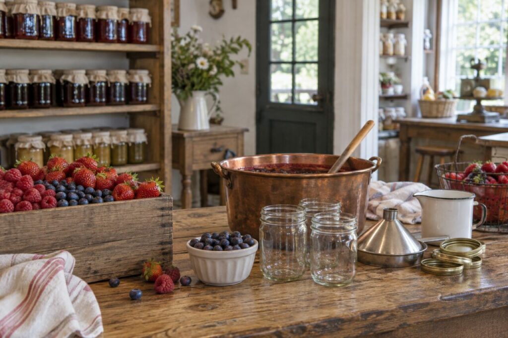 Loja independente de compotas — showing berries and preserving tools