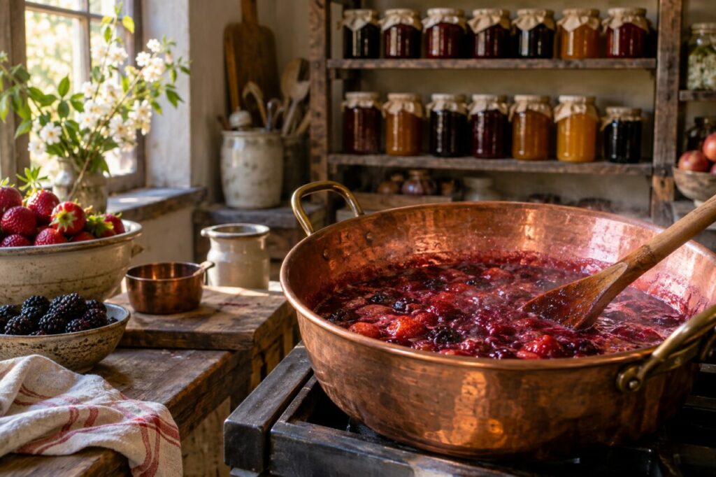 Independent preserve shop — stirring fruit in a copper pan