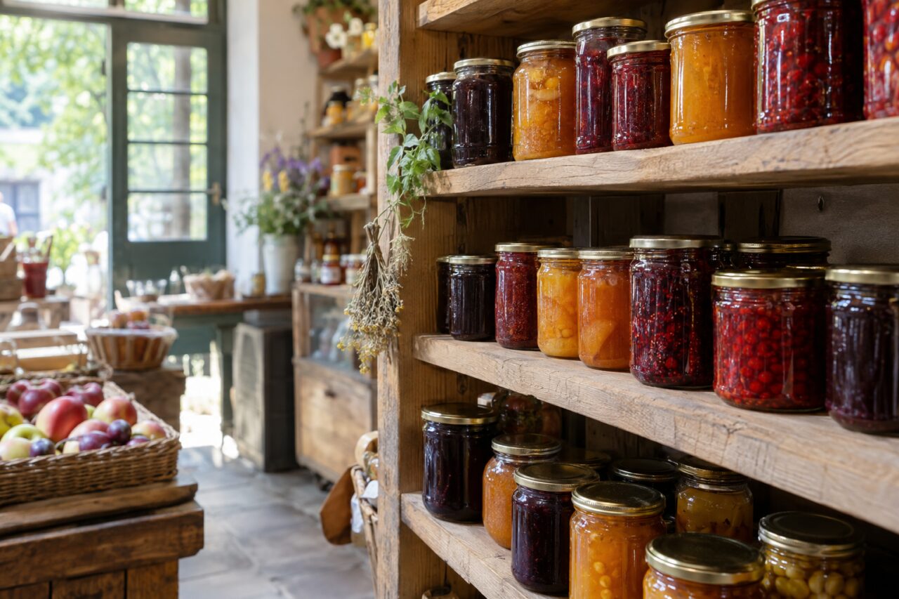 Independent preserve shop — with jam jars on wooden shelves
