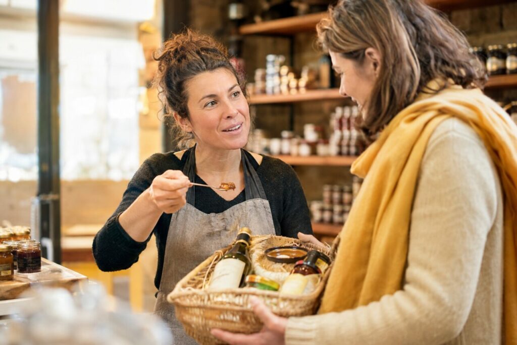 Conseil au comptoir — Cuillère de confiture, panier de bocaux et produits régionaux