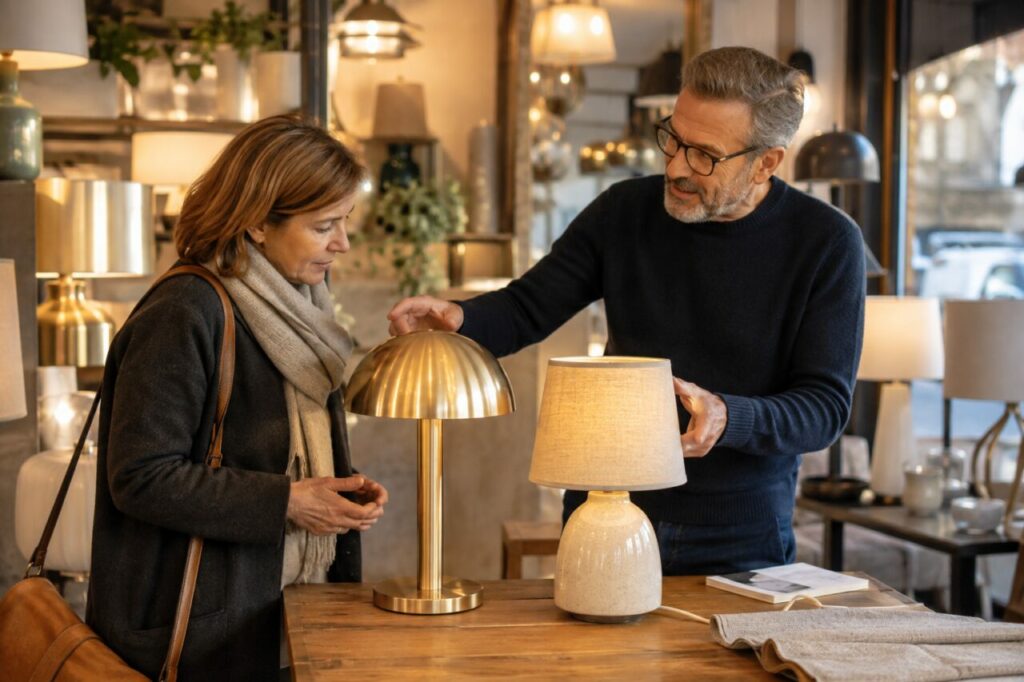 Conseil en boutique autour d’une lampe champignon et d’une lampe boule