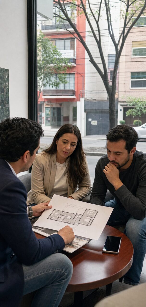 Conseiller présentant un plan d’appartement à deux clients autour d’une table ronde