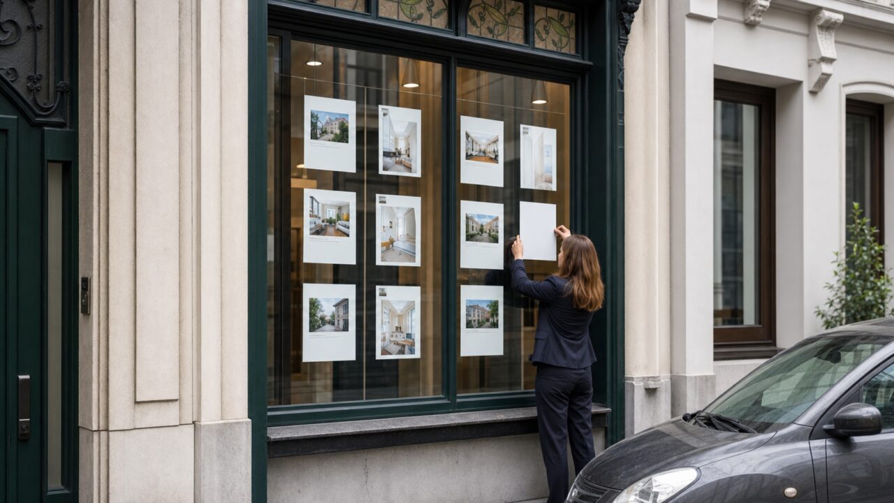 Conseillère immobilière de Bruxelles ajustant une annonce dans la vitrine