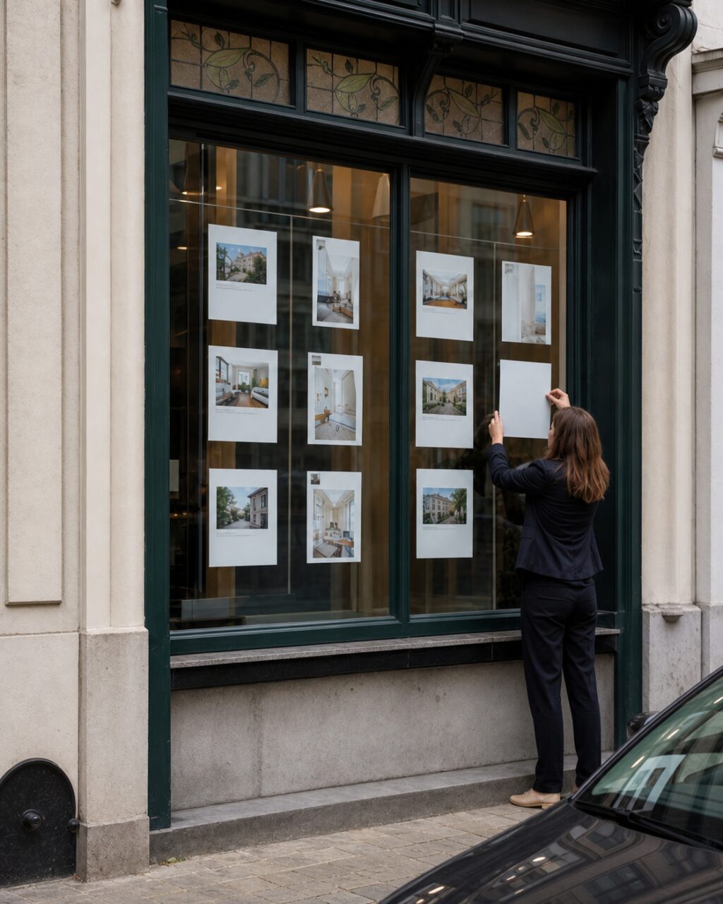 Asesora de Bruselas ante un escaparate inmobiliario con anuncios alineados