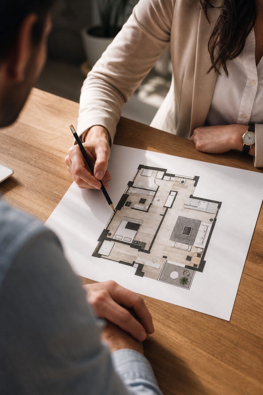 Adviser showing an apartment plan with a pencil