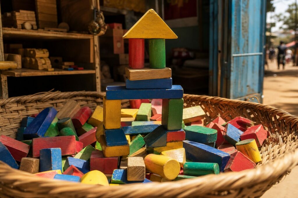 Construction en blocs de bois colorés dans un panier