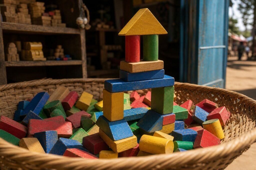 Construction en blocs colorés vue de biais